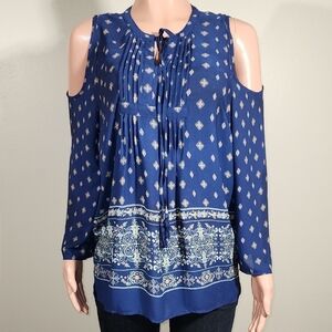 Ruff Hewn Navy Patterned Blouse with Cut-Out Shoulders